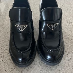 PRADA high heeled brushed leather loafers